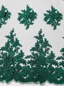 Flower 3D Corded Fabric - Hunter Green - Lace Mesh Fabric Embroidered Floral Design by Yard