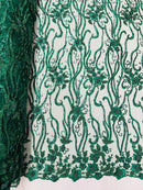 Flower Lines Bead Fabric - Hunter Green - Beaded Flower Fabric with Curled Long Lines Pattern By Yard