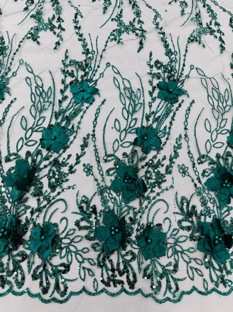 Flower 3D Glitter Fabric - Hunter Green - Embroidered Floral Sequins Design Fabric by Yard