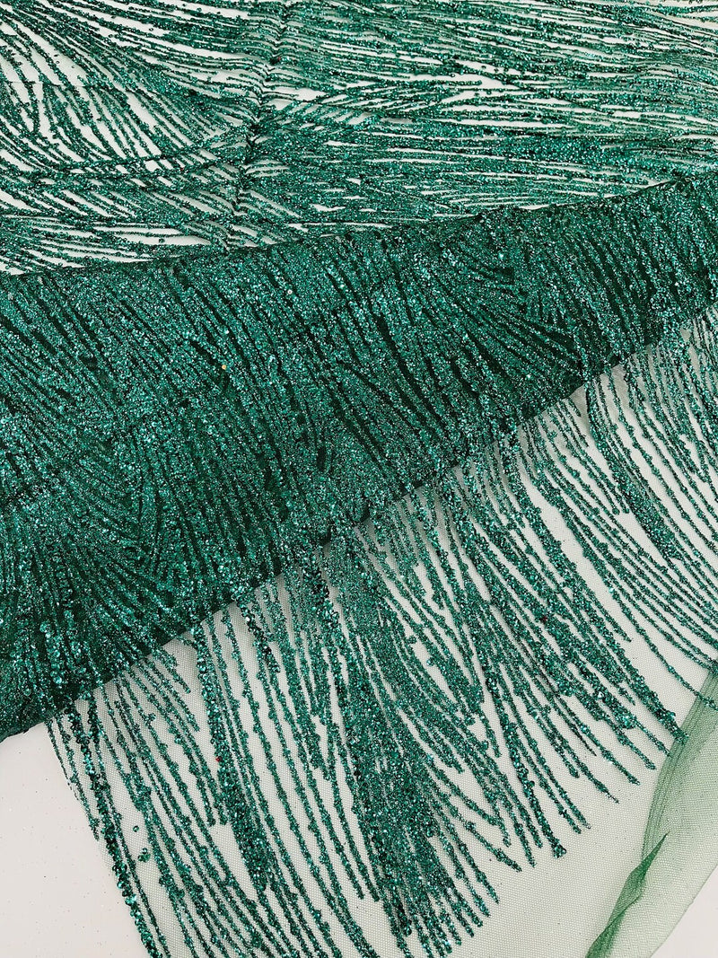 Glitter Lines on Tulle Lace Fabric - Hunter Green - Tulle Glitter Mesh Line Design Fabric Sold By Yard