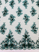 3D Rhinestone Flower Fabric - Hunter Green - 3D Flower Beaded Clusters with Sequins and Rhinestones By Yard