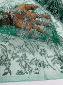 Floral Silver Bead Fabric - Hunter Green - Beaded Flower Design with Sequins on Lace Mesh by Yard