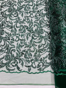 Floral Leaf Bead Fabric - Hunter Green - Leaf Design Shiny Beads and Sequins on Lace Mesh by Yard