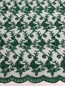 Metallic Floral Butterfly Fabric - Hunter Green - Embroidered Floral Butterfly Design Mesh Fabric by Yard