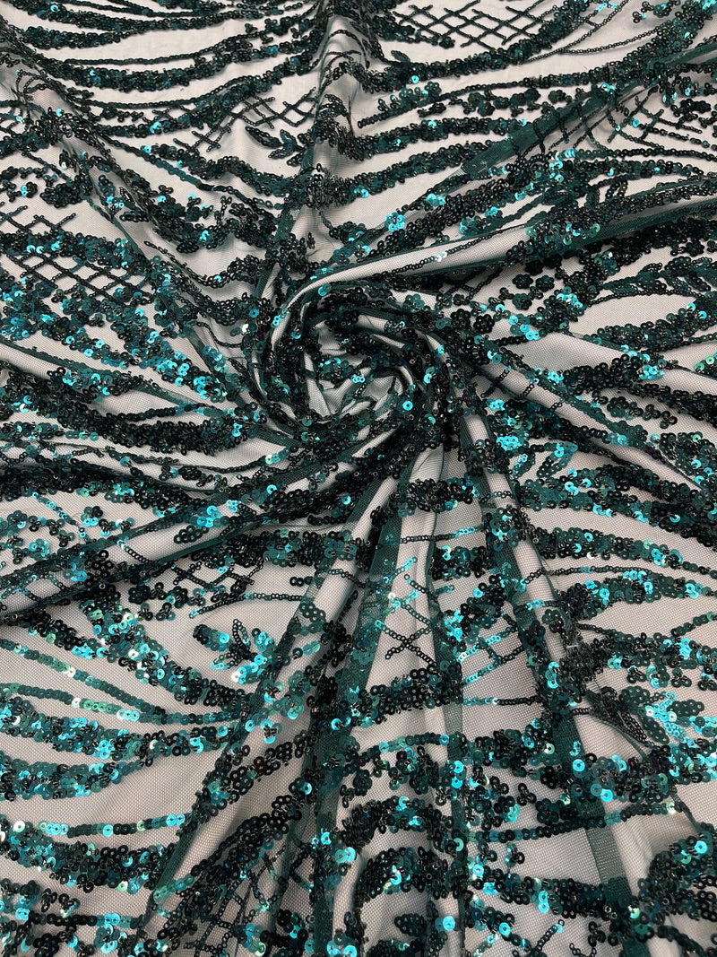 Wavy Floral Beaded Fabric - Hunter Green - Geometric Beaded Sequins Embroidered Fabric Sold By Yard