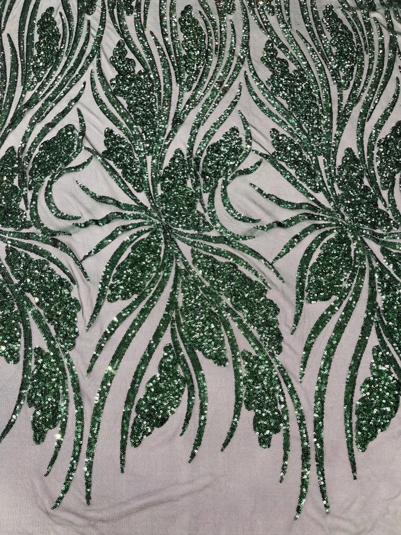 Wavy Leaf Design Fabric - Hunter Green - 4 Way Stretch Sequins Lace Mesh Leaf Design Fabric by Yard