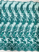 3D Floral Leaf Line Panels - Hunter Green - 3D Embroidered Flower Lines with Pearls on Lace By Yard