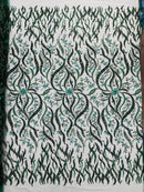 Floral & Leaf Pattern Bead Fabric - Hunter Green - Embroidered Beaded Rhinestone on a Mesh, Sold By Yard