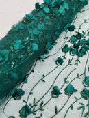 3D Floral Glitter Fabric - Hunter Green - 3D Sequins and Glitter Floral Design on Mesh Sold By Yard