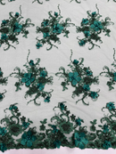 3D Flower Pearl Design - Hunter Green - Embroidered Sequins Floral Clusters Lace Fabric By Yard