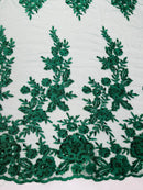 Rose Beaded Sequin Fabric - Hunter Green - Embroidered Floral Pattern with Beads and Sequins By Yard