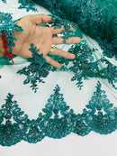 Floral Damask Bead Fabric - Hunter Green - Embroidered Floral Clusters with Beads / Sequins by Yard