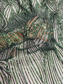 Curvy Design Sequins Fabric - Hunter Green - 4 Way Stretch Curvy Sequins Design Mesh Fabric by Yard