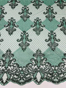 King Damask Lace Fabric - Hunter Green - Corded Embroidery with Sequins on Mesh Lace Fabric By Yard