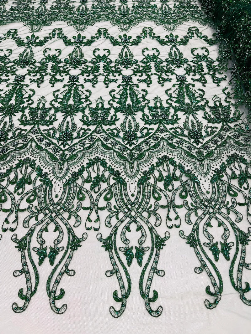 Damask Beaded Glam Fabric - Hunter Green - Embroidery Beaded Fabric with Round Beads Sold By The Yard