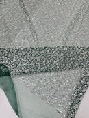 Beaded Mini Flower Pearl Fabric - Hunter Green - Embroidered Pearls Bead Fabric By Yard