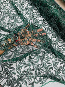 Floral Leaf Bead Fabric - Hunter Green - Leaf Design Shiny Beads and Sequins on Lace Mesh by Yard