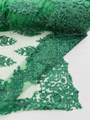 Embroidered Bead Fabric - Hunter Green - Floral Damask Bead Bridal Lace Fabric by the yard