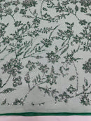 Floral Silver Bead Fabric - Hunter Green - Beaded Flower Design with Sequins on Lace Mesh by Yard