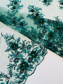 3D Rhinestone Flower Fabric - Hunter Green - 3D Flower Beaded Clusters with Sequins and Rhinestones By Yard