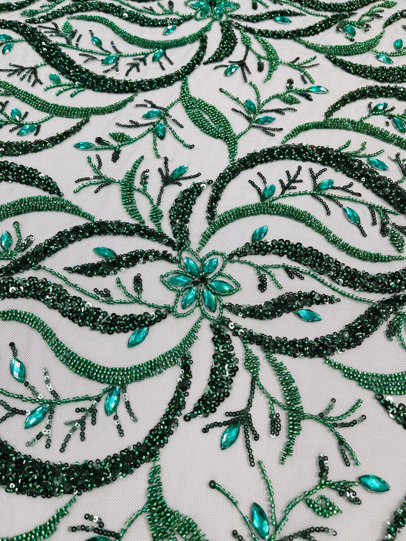 Floral & Leaf Pattern Bead Fabric - Hunter Green - Embroidered Beaded Rhinestone on a Mesh, Sold By Yard