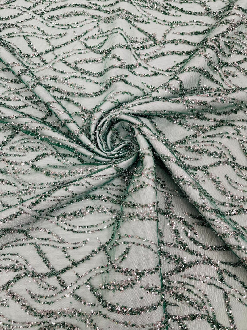 Beaded Wavy Fabric Design - Hunter Green - Bead and Sequins Wavy Lace Fabric By Yard