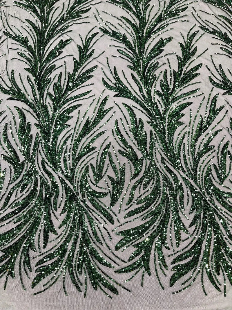 Leaf Stretch Sequins Fabric - Hunter Green - 4 Way Stretch Sequins on Lace Mesh Fabric by Yard