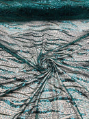 Wavy Leaf Lines Fabric - Hunter Green - Beaded Sequins Leaf Pattern Embroidered On Mesh By Yard