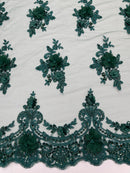 3D Floral Sequins Design - Hunter Green - Embroidered Floral Lace Fabric With Sequins / Pearls By Yard