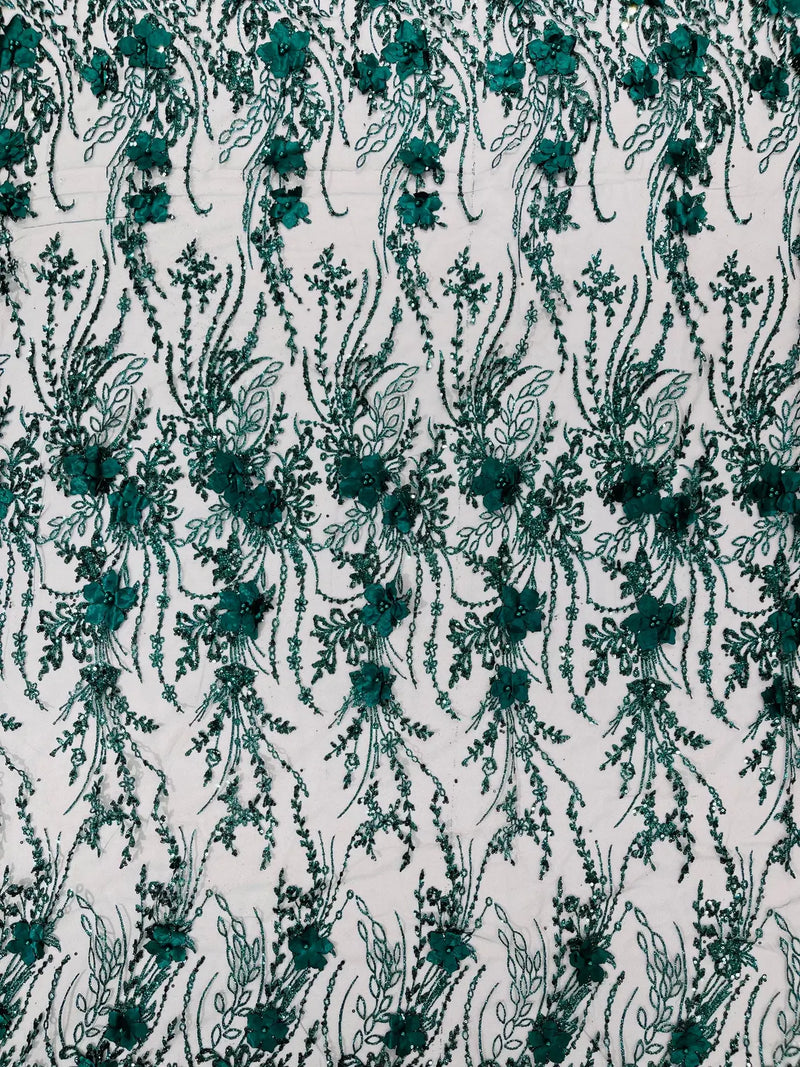 Flower 3D Glitter Fabric - Hunter Green - Embroidered Floral Sequins Design Fabric by Yard