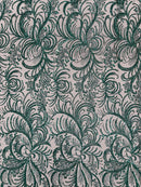 Palm Leaf Design Glitter Fabric - Hunter Green - Tulle Glitter Mesh Line Design Fabric Sold By Yard