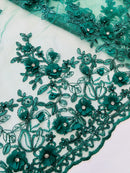 3D Floral Fabric - Hunter Green - Embroidered Flower with Rhinestone and Sequins Fabric By Yard