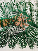 Beaded Embroidered Fabric - Hunter Green - Embroidered Heart and Feather Pattern Fabric Sold By Yard