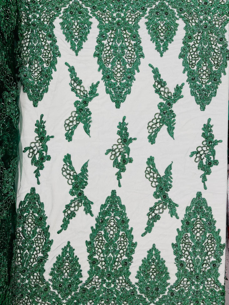 Beaded Floral Fabric - Hunter Green - Luxury Bridal Floral Pattern Fabric With Beads, Sequins Sold By Yard