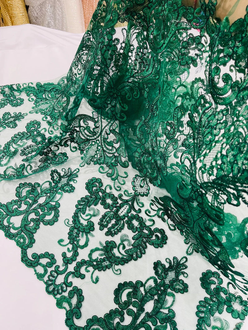 King Lace Design Fabric - Hunter Green - King Design with Sequins Embroidered On Mesh By Yard