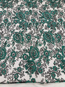 3D Chunky Glitter Rose Fabric - Hunter Green -  Flower Glitter Design on Tulle Fabric Sold by Yard