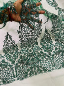Fancy Rhinestone Glitter Fabric - Hunter Green - Embroidered Damask Design Glitter Mesh Fabric by Yard