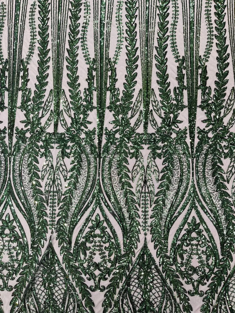 Mermaid Design Fabric - Hunter Green - 4 Way Stretch Sequins Fabric on Lace Mesh Sold By Yard