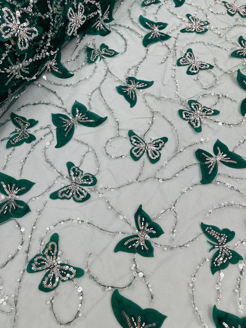 3D Butterfly Sequins Bead Fabric - Hunter Green - Sequins Embroidered Beaded Fabric By Yard