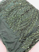 Mermaid Design Fabric - Hunter Green - 4 Way Stretch Sequins Fabric on Lace Mesh Sold By Yard