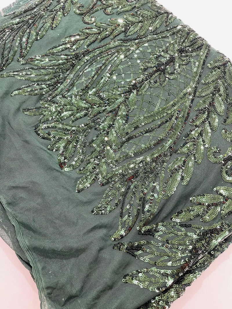 Mermaid Design Fabric - Hunter Green - 4 Way Stretch Sequins Fabric on Lace Mesh Sold By Yard