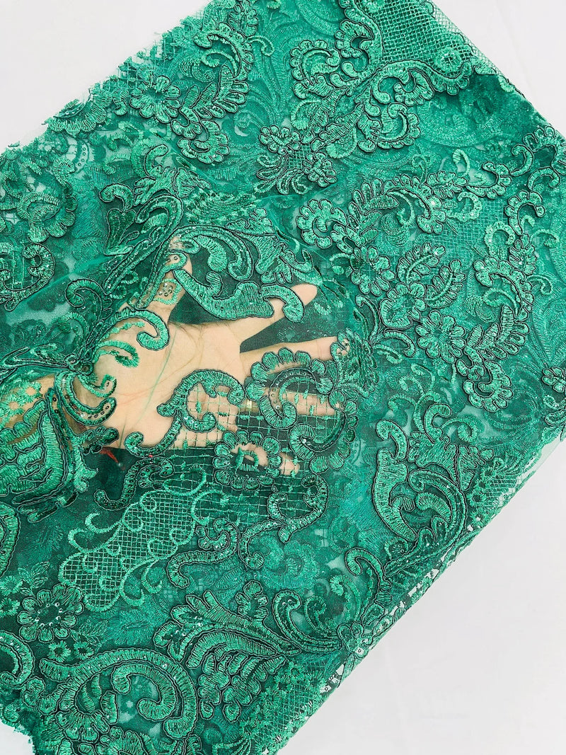 King Lace Design Fabric - Hunter Green - King Design with Sequins Embroidered On Mesh By Yard