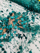 3D Glitter Floral Fabric - Hunter Green - Floral Line Glitter Designs on Mesh Fabric Sold By Yard