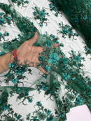 3D Flower Pearl Design - Hunter Green - Embroidered Sequins Floral Clusters Lace Fabric By Yard