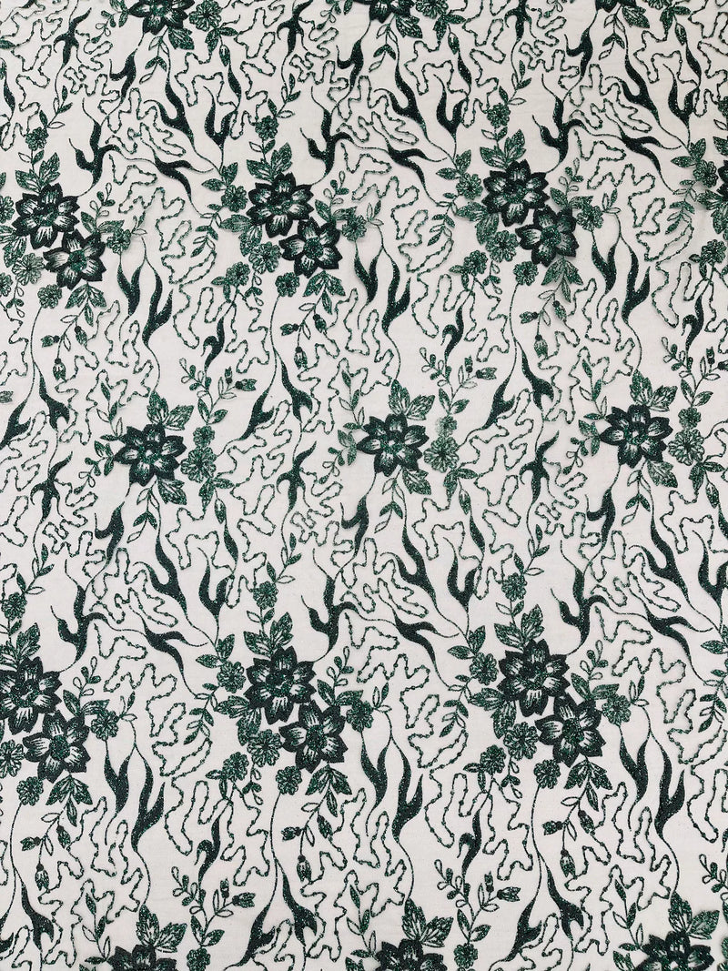 Floral Glitter Design Fabric - Hunter Green - 3D Glitter Tulle Flower Plant Design Fabric By Yard