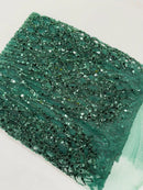 Beaded Embroidered Fabric - Hunter Green - Embroidered Heart and Feather Pattern Fabric Sold By Yard