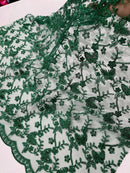 Metallic Floral Butterfly Fabric - Hunter Green - Embroidered Floral Butterfly Design Mesh Fabric by Yard