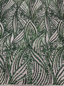 Curvy Design Sequins Fabric - Hunter Green - 4 Way Stretch Curvy Sequins Design Mesh Fabric by Yard