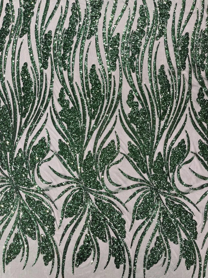 Wavy Leaf Design Fabric - Hunter Green - 4 Way Stretch Sequins Lace Mesh Leaf Design Fabric by Yard