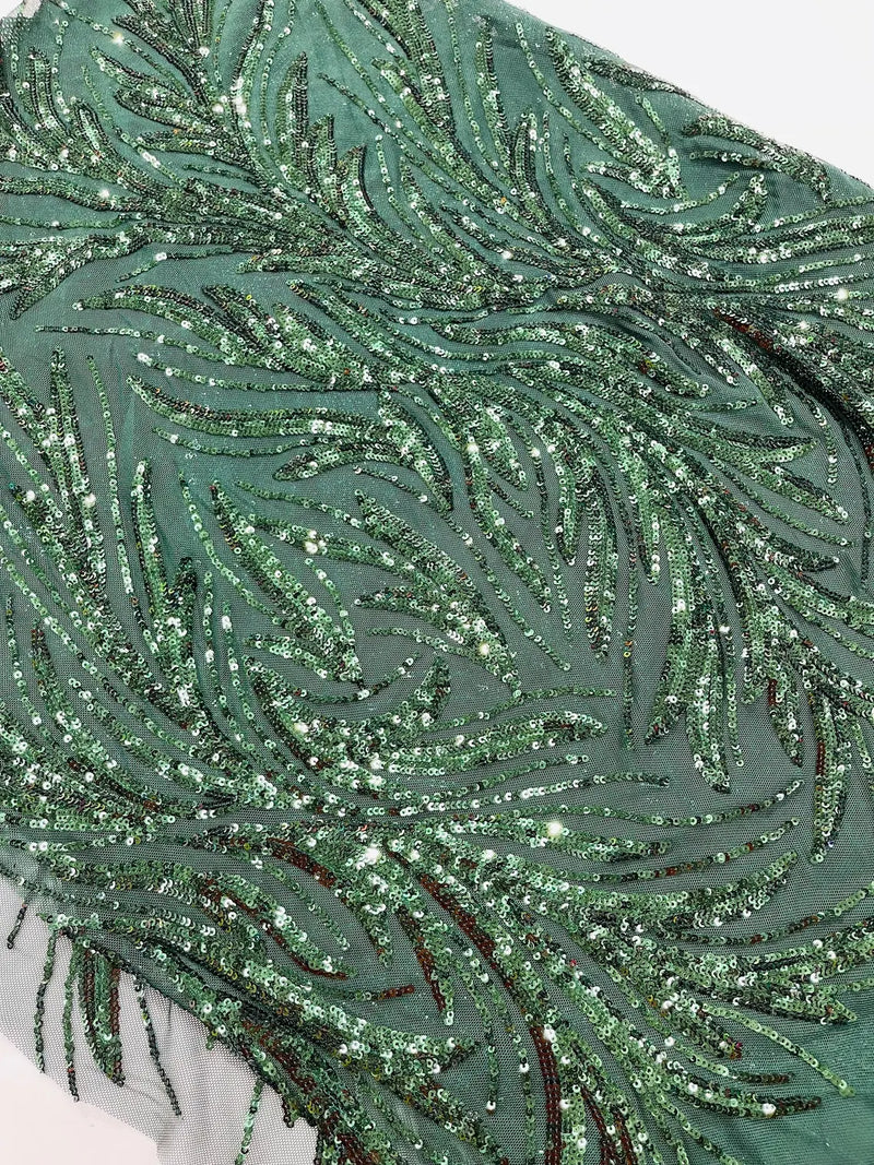 Leaf Stretch Sequins Fabric - Hunter Green - 4 Way Stretch Sequins on Lace Mesh Fabric by Yard